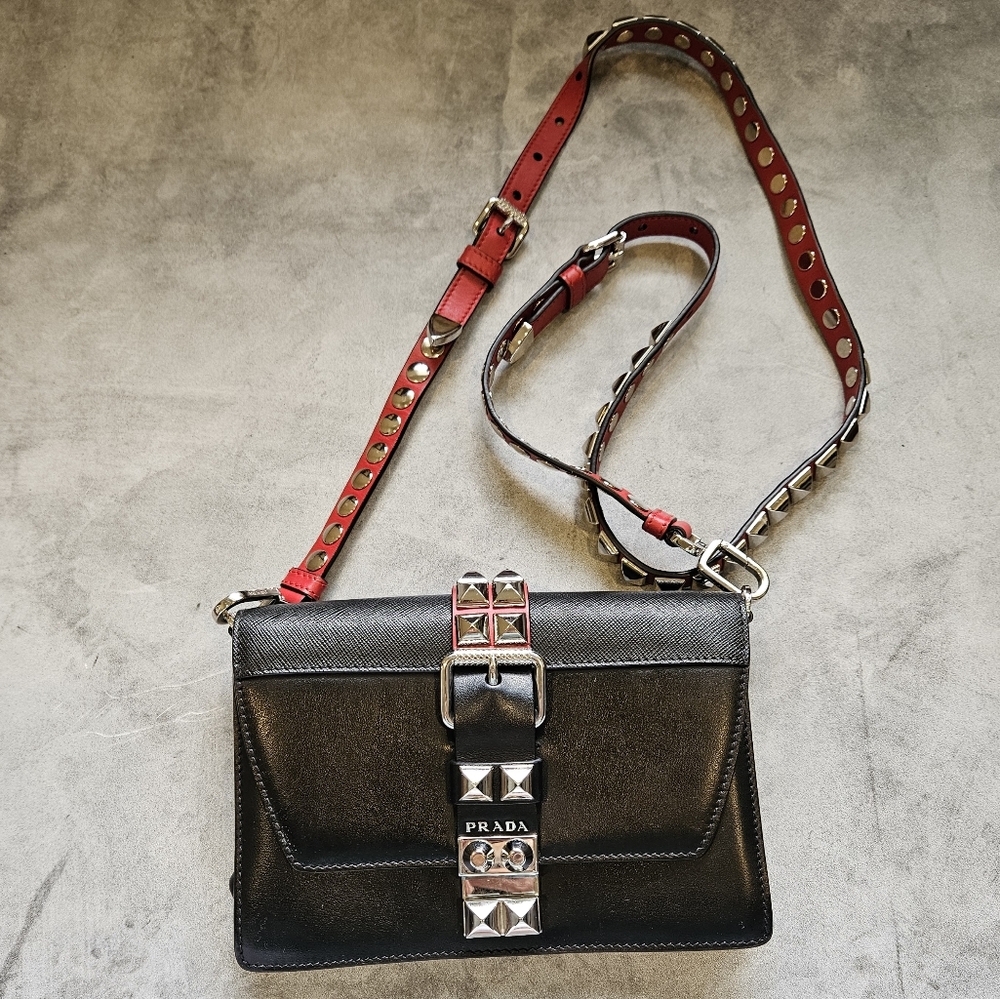 PRADA SAFFIANO ELEKTRA SHOULDER HANDBAG BLACK LEATHER